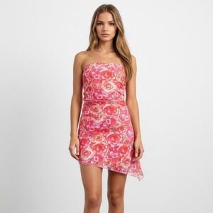 4/$40‎ Etiquette Elegant Pink & Red Tropical Print Asymmetrical Strapless Dress